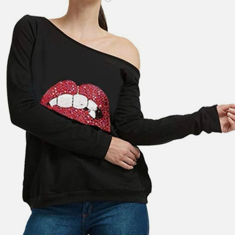 MAGICMK Sweatershirt Sequin Lips Off The Shoulder Top Size M Black Red